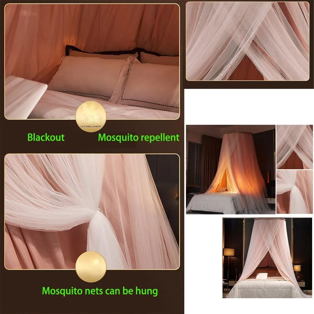 Bed Canopy for Girls & Adults, Round Dome Lace Princess Canopies Netting, Elegant Double Layer Bed Canopy Drapes for Decoration, Playing,Reading,Sleepping (Pink)