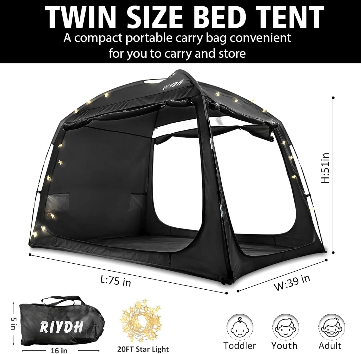 Bed Tent Bed Canopy Breathable 100% for Adult and Kids- Original Design Light Reduction 93% Sleeping Dream Tents Indoor Portable Big Space with String Light 3 Doors Twin Full Queen King Size