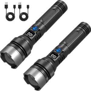 Benighty Flash Light, Waterproof Zoomable Emergencies Flashlight, Adjustable Lumen Super Bright Led Flashlights(1800 mAh) (2pcs-Black, Small)