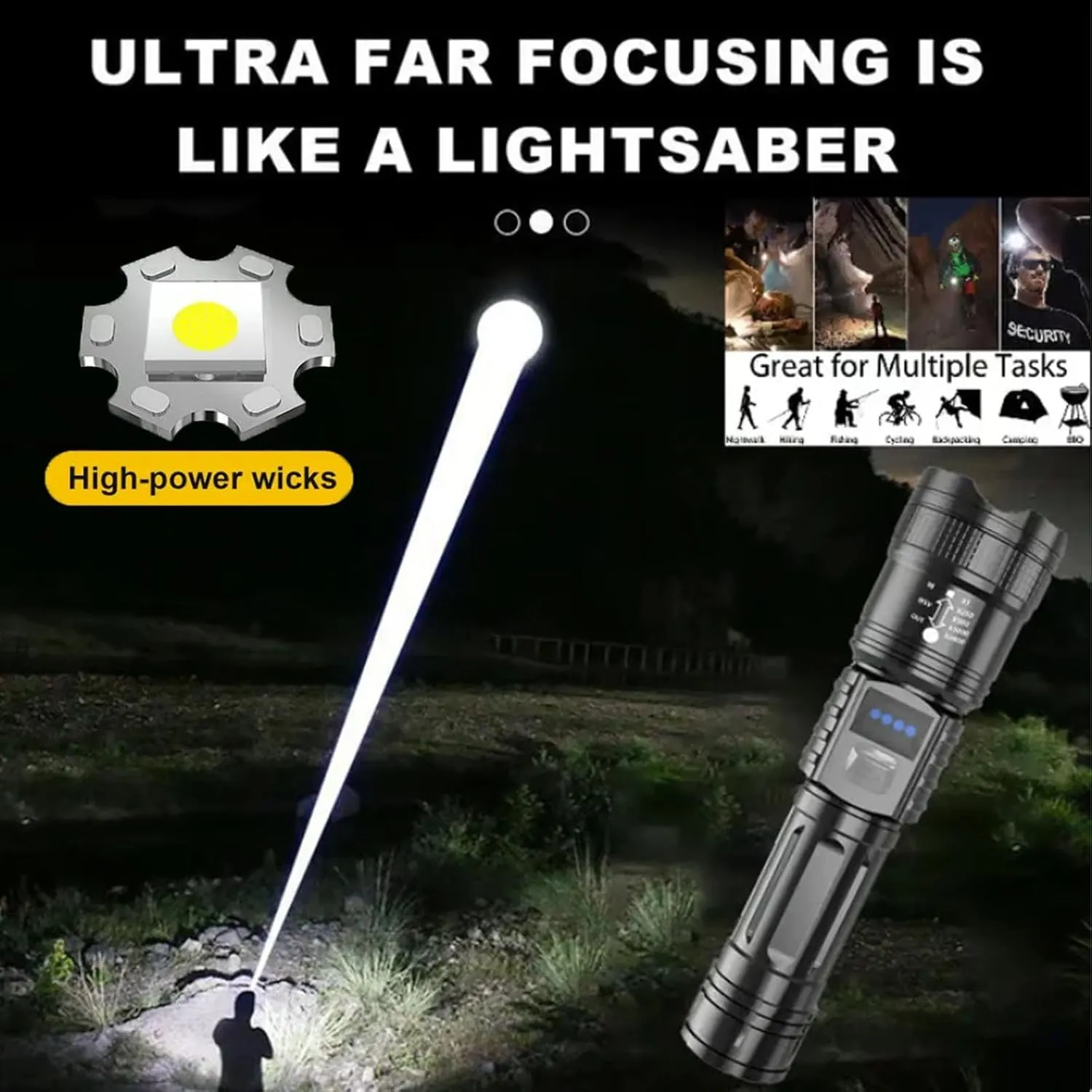 Benighty Rechargeable Tactical Flashlight, 5000ft Long Range, Waterproof Zoomable LED with LCD Display & Power Bank, 8 Modes for Camping Hiking Emergencies (2)