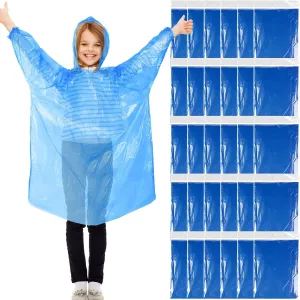 Berlune 30 Pcs Kid Rain Ponchos Bulk Disposable Ponchos for Kid Emergency Raincoat with Drawstring Hood and Elastic Sleeves