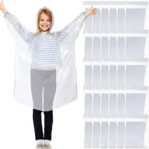 Berlune 30 Pcs Kid Rain Ponchos Bulk Disposable Ponchos for Kid Emergency Raincoat with Drawstring Hood and Elastic Sleeves