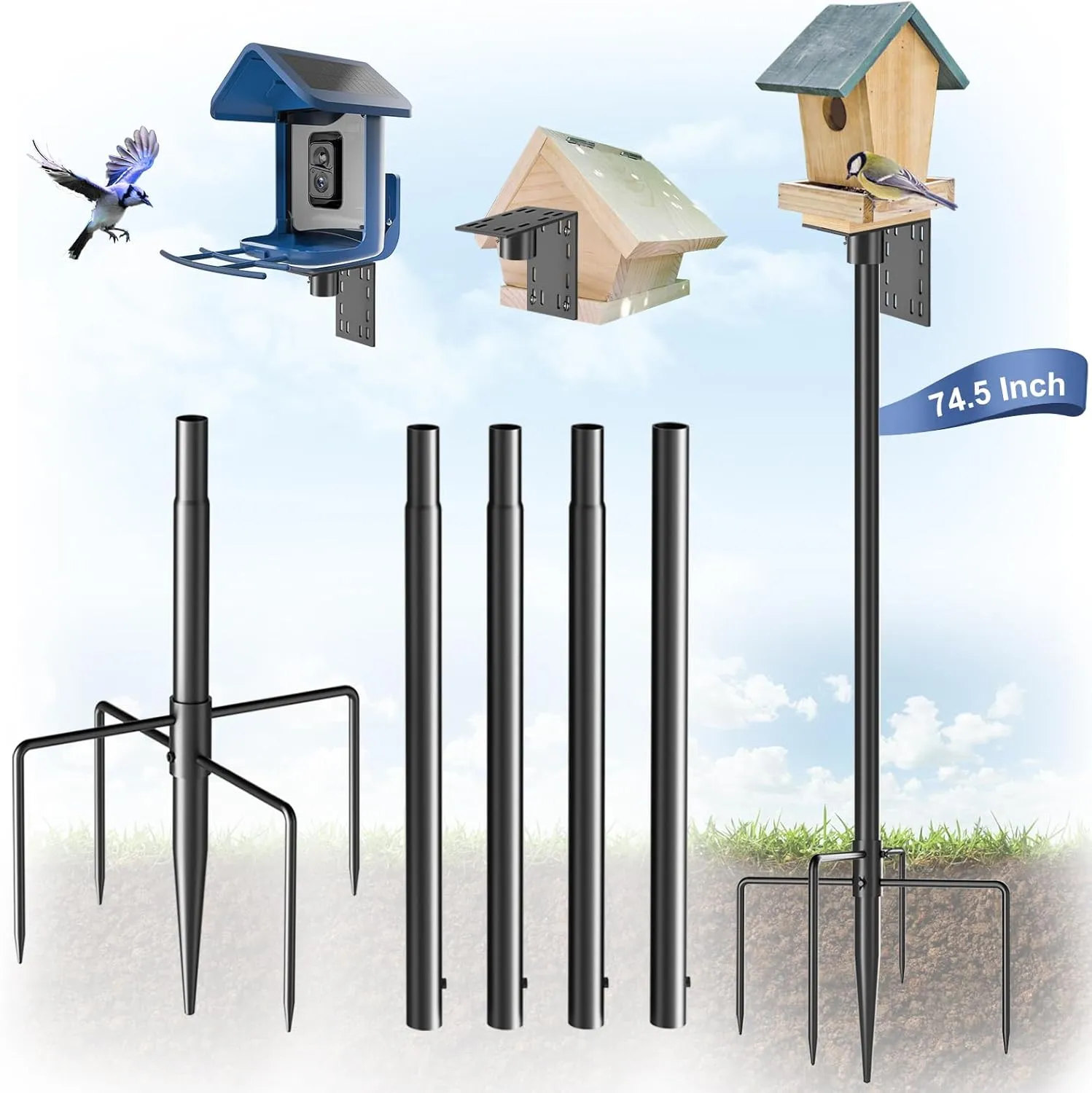 Bird Feeder Pole Stand – 74.5 Inch Height Feeding Station with 1-Inch Dia Heavy Duty for Hanging Feeders, Bird House Pole Mount Kit for Outdoor, Slip-Fit Connection