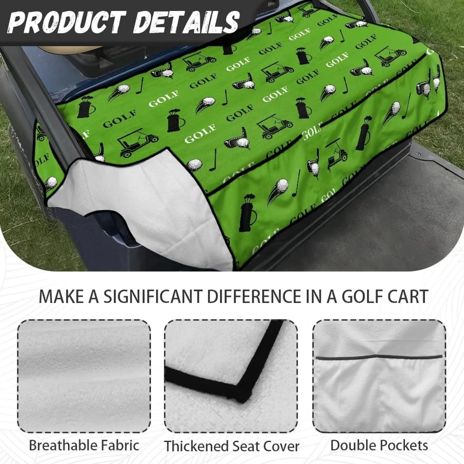 Biyejit Golf Cart Seat Covers, Universal Golf Cart Seat Towel Blanket with 4 Front Pockets for 2-Person Seats Golf Carts