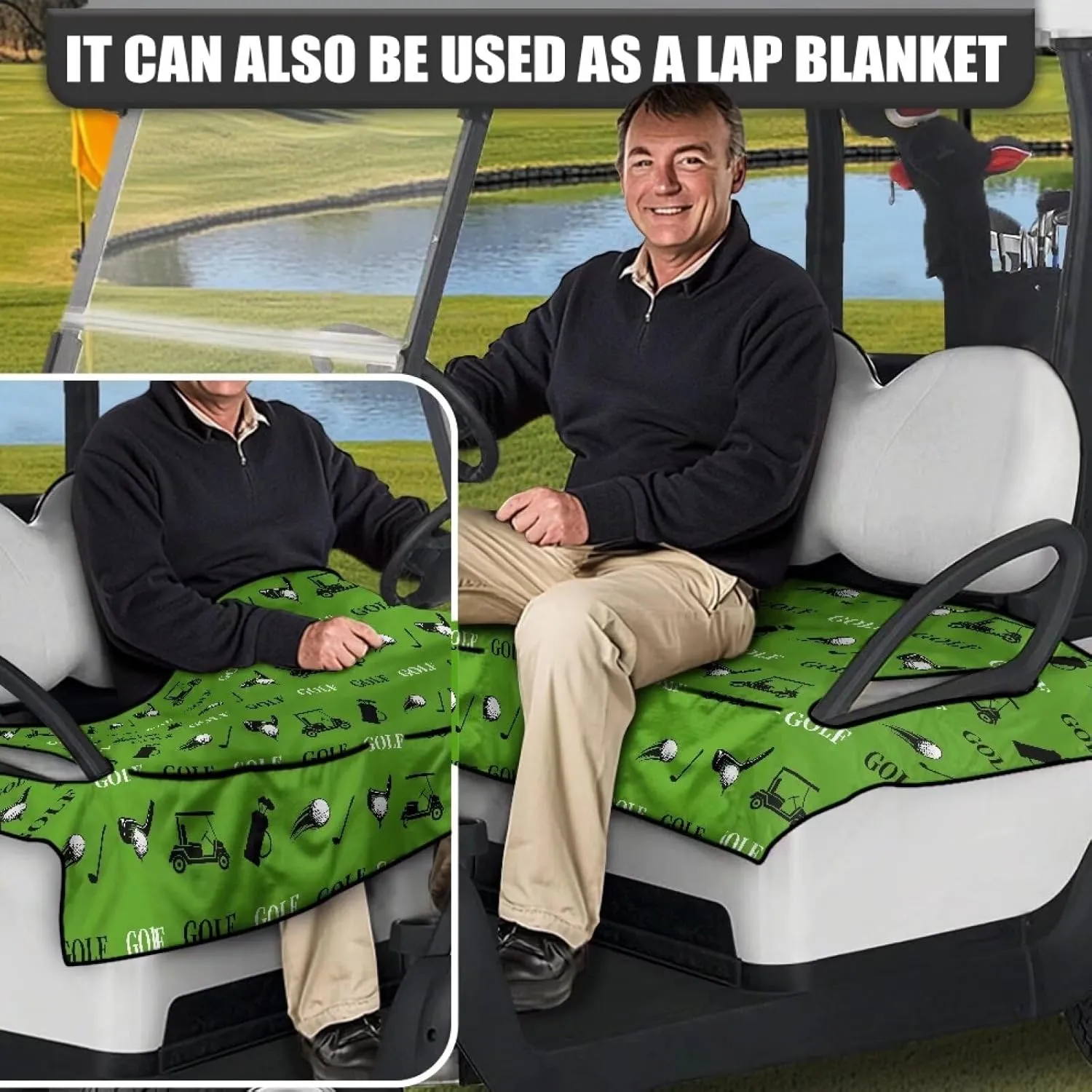 Biyejit Golf Cart Seat Covers, Universal Golf Cart Seat Towel Blanket with 4 Front Pockets for 2-Person Seats Golf Carts