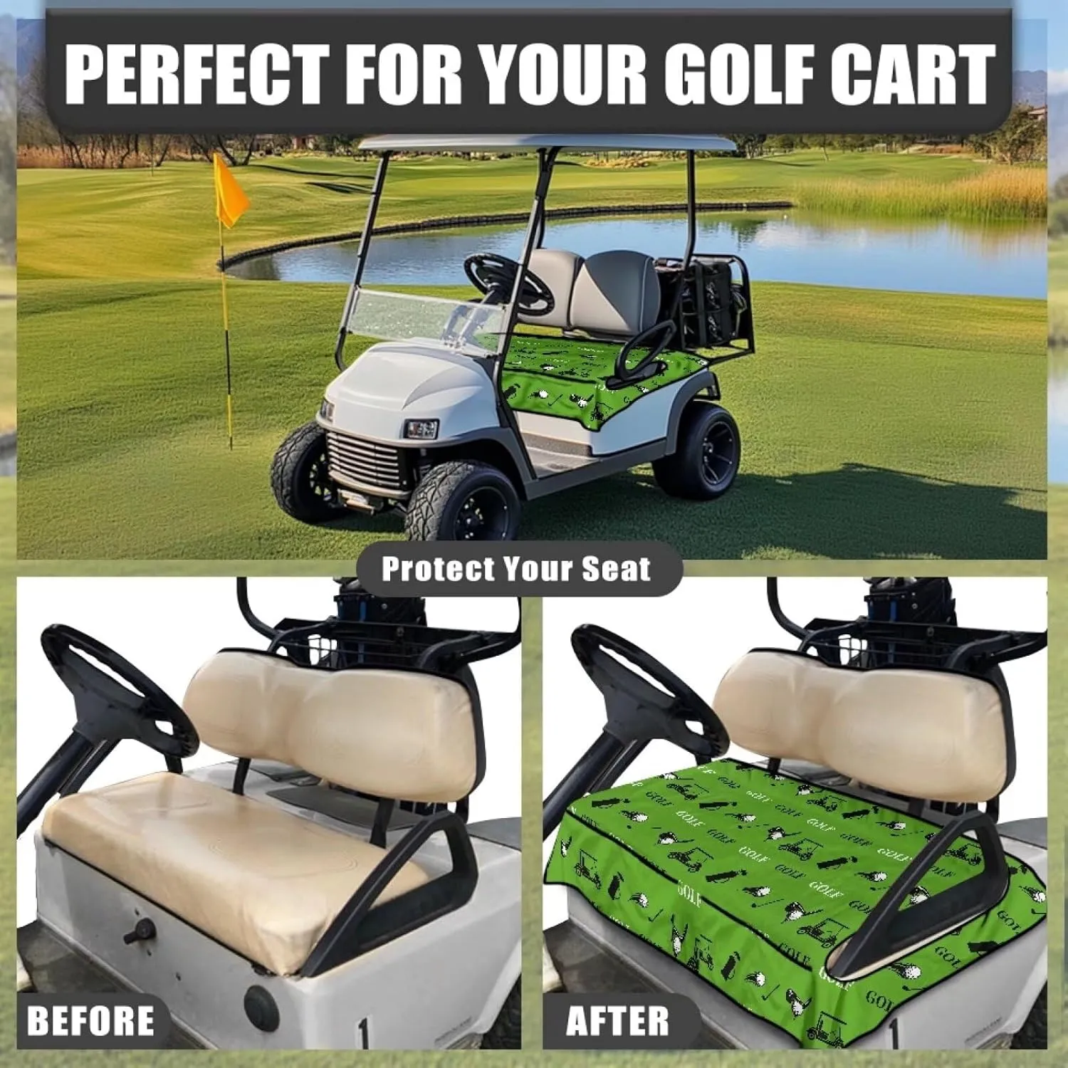 Biyejit Golf Cart Seat Covers, Universal Golf Cart Seat Towel Blanket with 4 Front Pockets for 2-Person Seats Golf Carts