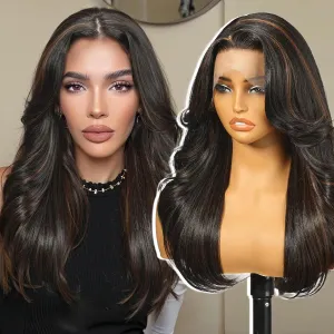 Black Brown Highlight Synthetic Lace Front Wig,13X6 HD Long Straight Glueless Wig for Women Daily Use 20IN（1B/30）