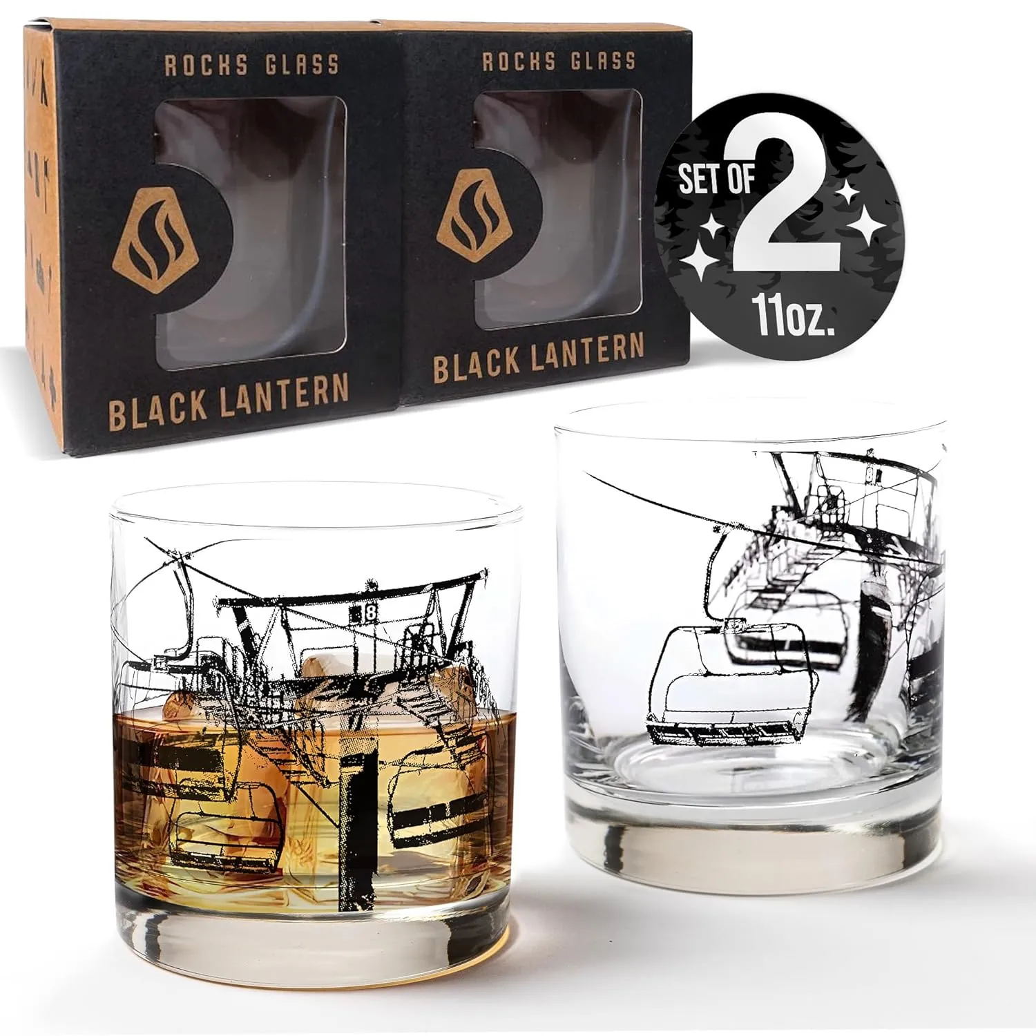 Black Lantern Whiskey Glasses Set of 2 - Ski Lift Old Fashioned Whiskey Glasses for Cocktails Bourbon Scotch and Whisky - Drinking Glasses - 11oz. Heavy Base Tumbler Glasses and Gift Box