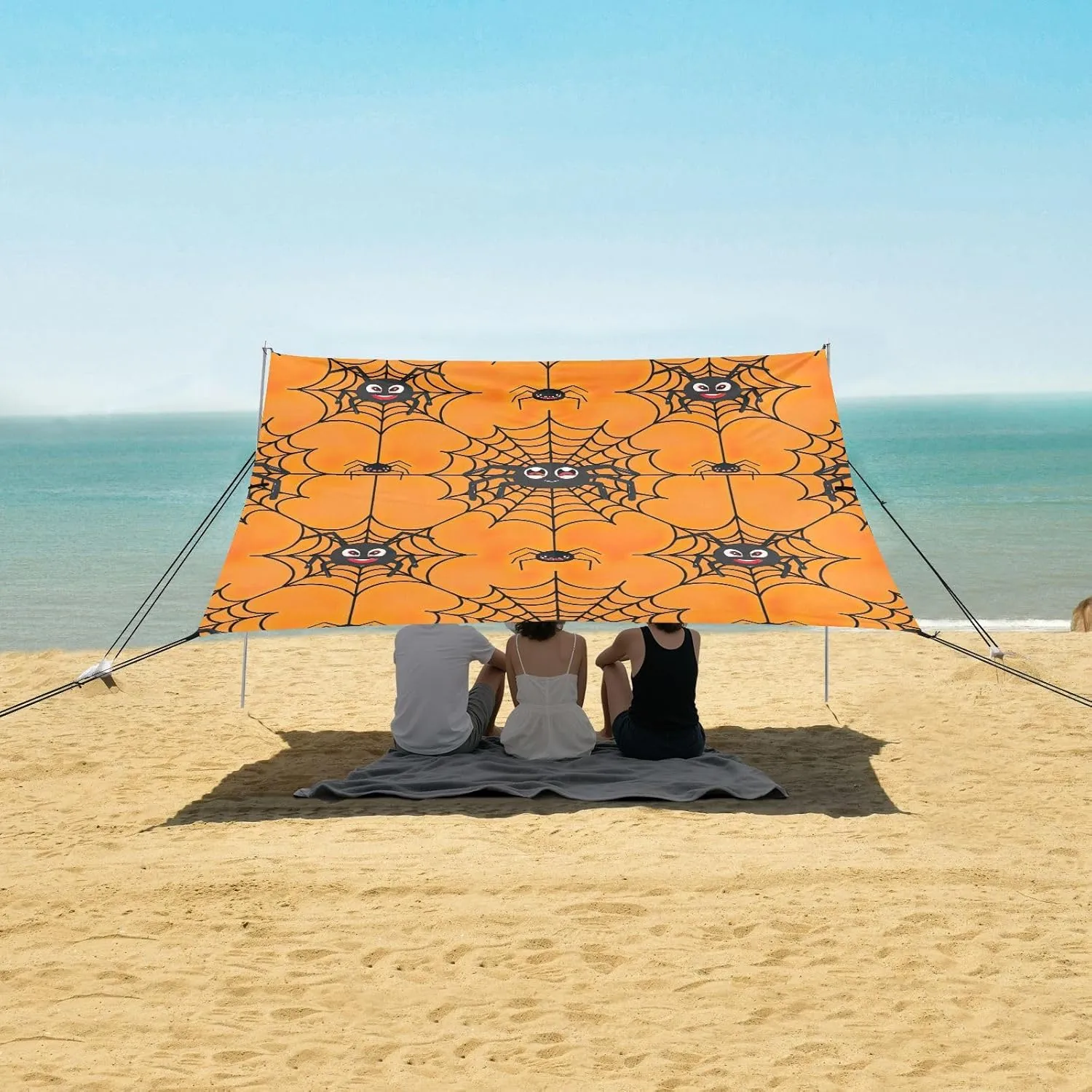 Black Spiders Spider Web Orange Beach Tent Canopy Outdoor Patio Shade Cute Large Camping Sun Shelter Yard 9.2 × 10.5 FT Sunshade with Sand Bags Poles