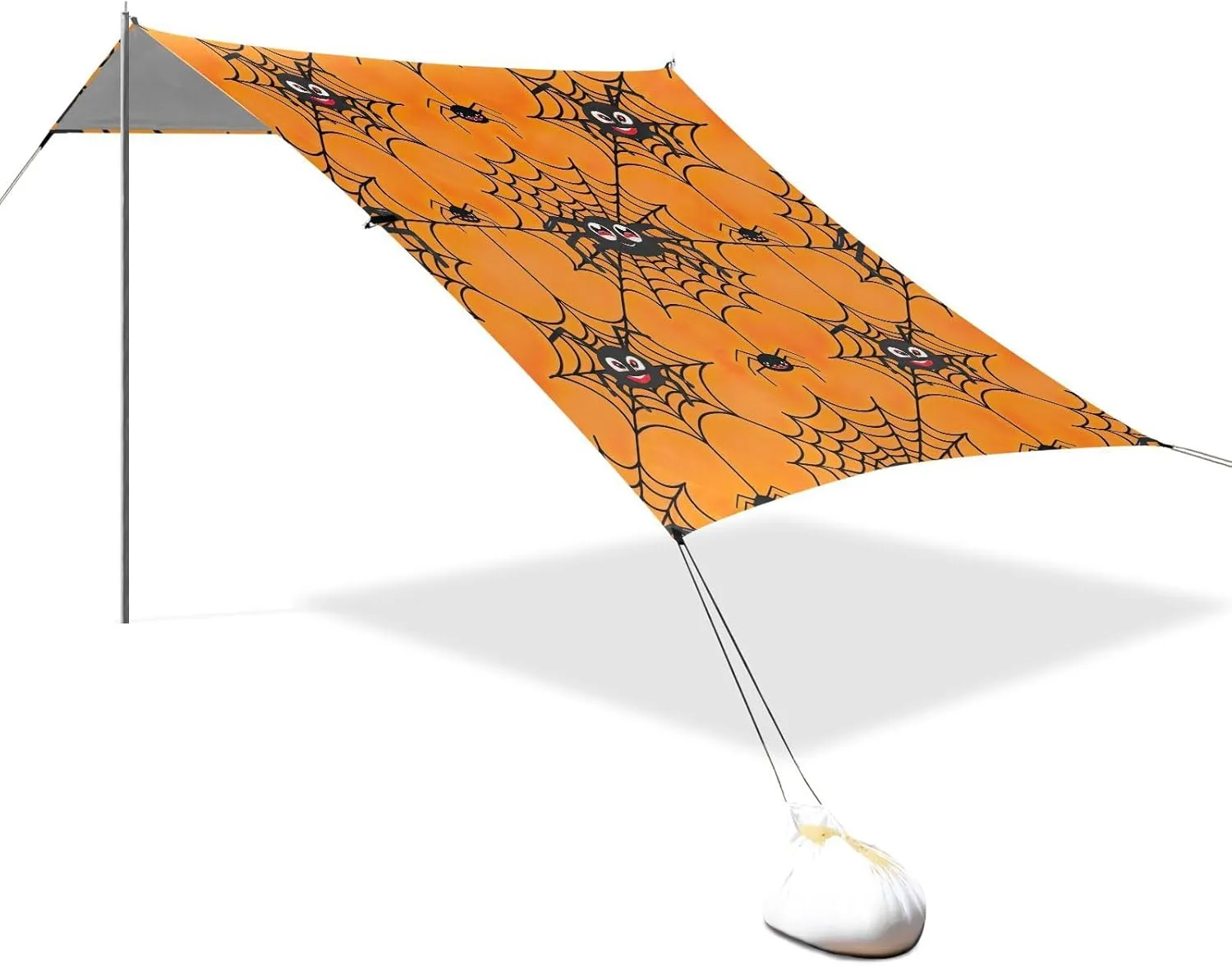 Black Spiders Spider Web Orange Beach Tent Canopy Outdoor Patio Shade Cute Large Camping Sun Shelter Yard 9.2 × 10.5 FT Sunshade with Sand Bags Poles