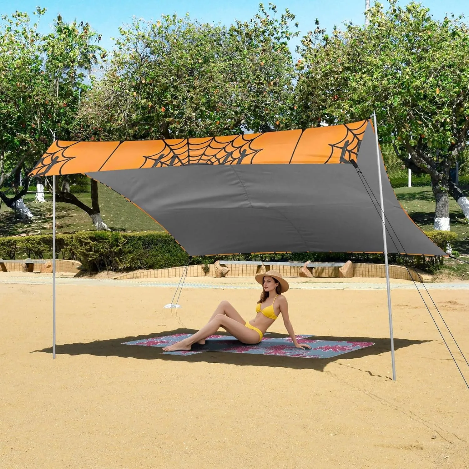 Black Spiders Spider Web Orange Beach Tent Canopy Outdoor Patio Shade Cute Large Camping Sun Shelter Yard 9.2 × 10.5 FT Sunshade with Sand Bags Poles