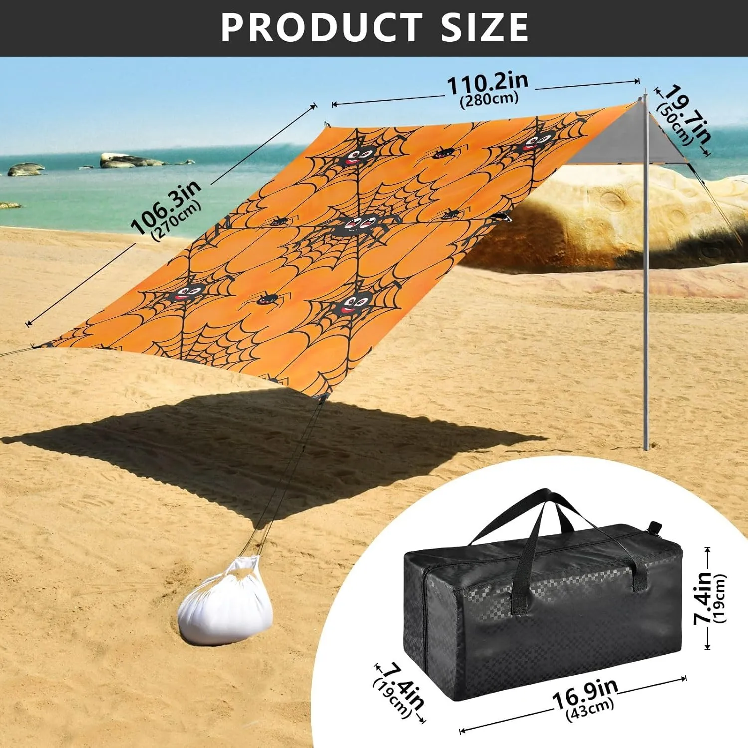 Black Spiders Spider Web Orange Beach Tent Canopy Outdoor Patio Shade Cute Large Camping Sun Shelter Yard 9.2 × 10.5 FT Sunshade with Sand Bags Poles