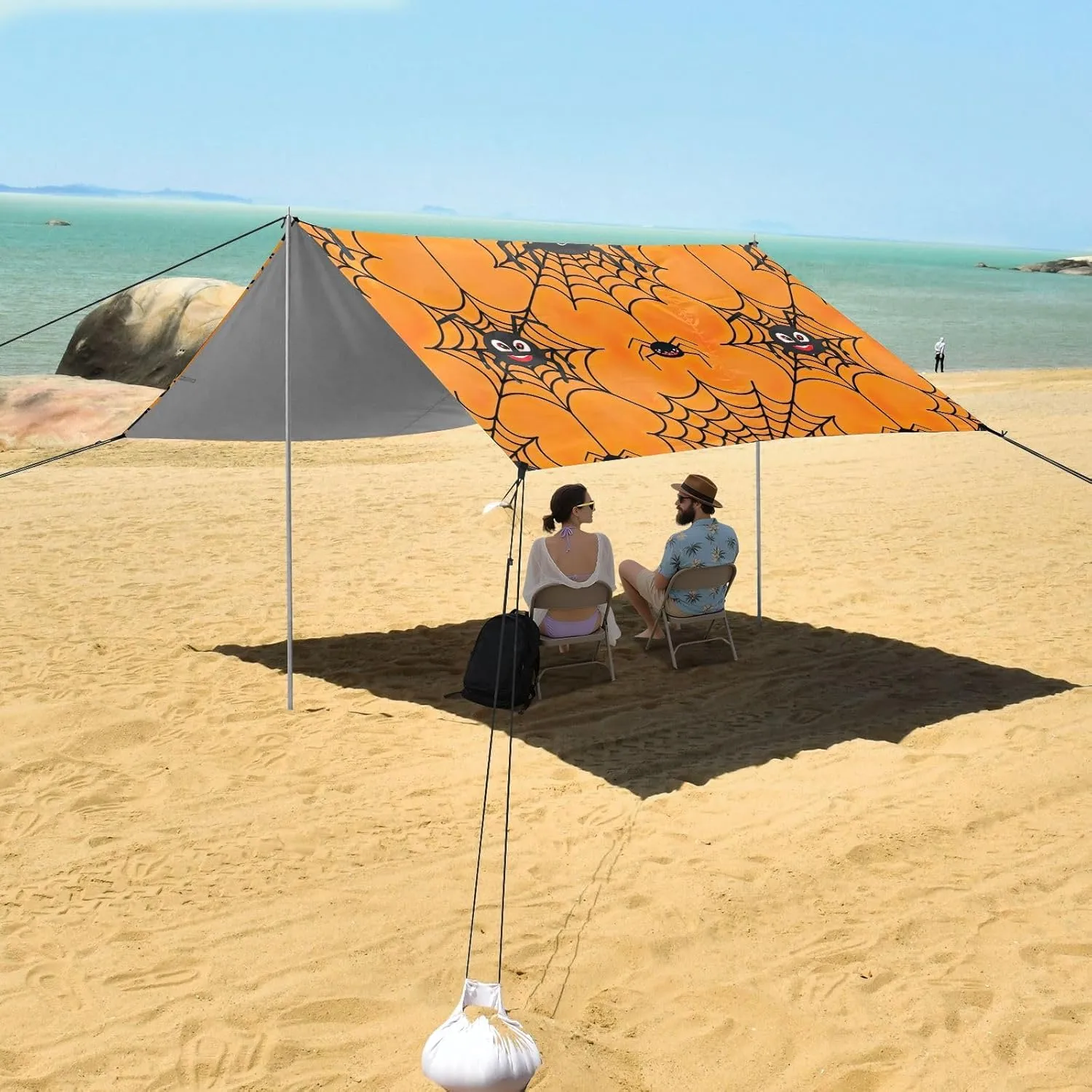 Black Spiders Spider Web Orange Beach Tent Canopy Outdoor Patio Shade Cute Large Camping Sun Shelter Yard 9.2 × 10.5 FT Sunshade with Sand Bags Poles