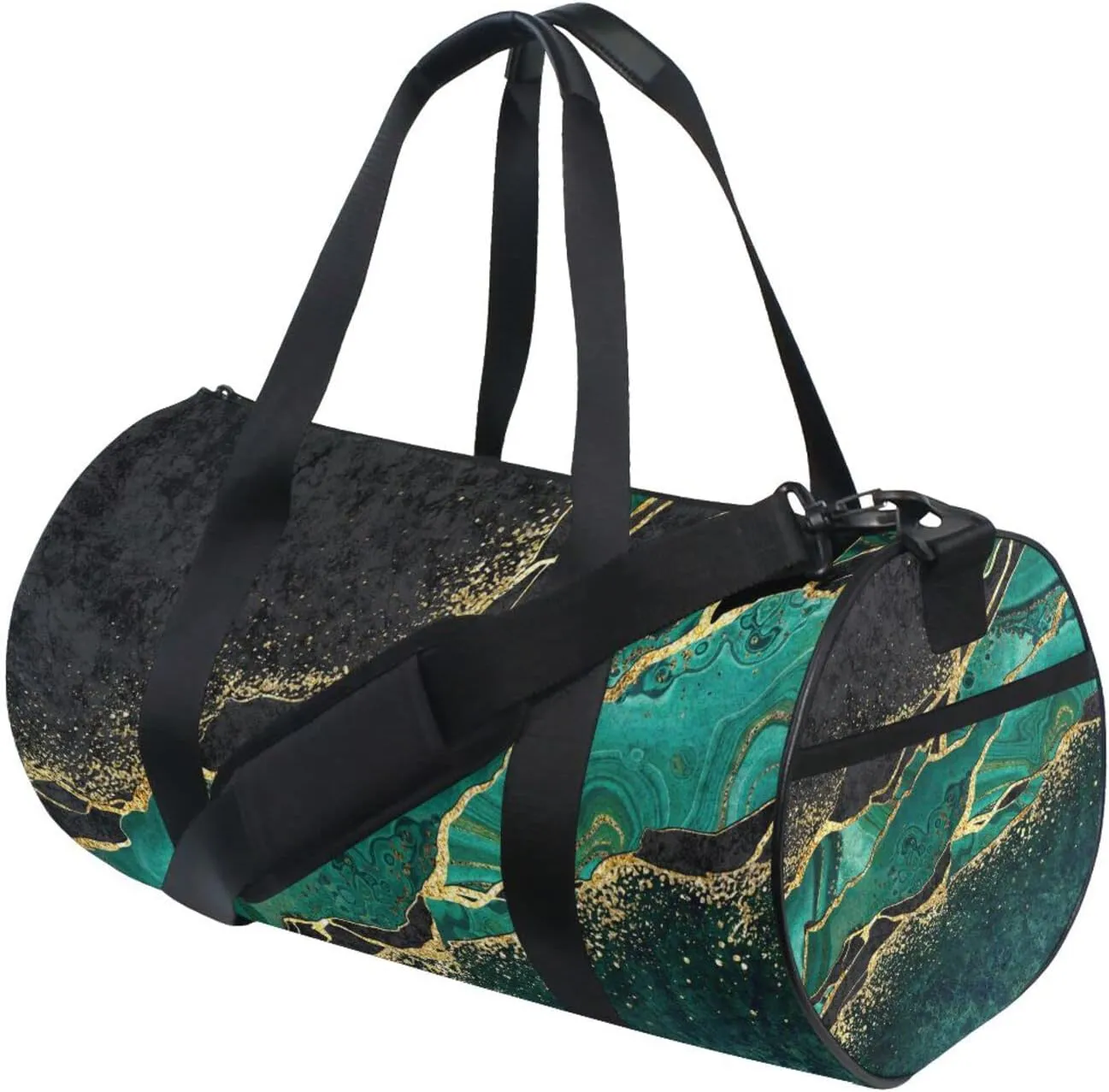 Black Teal Marble Green Malachite with Golden Veins Gold Spots Duffel Bag, Foldable Canvas Travel Tote for Gym Sports with Inner Pockets, Durable Lightweight Fitness Bag for Overnight Workout