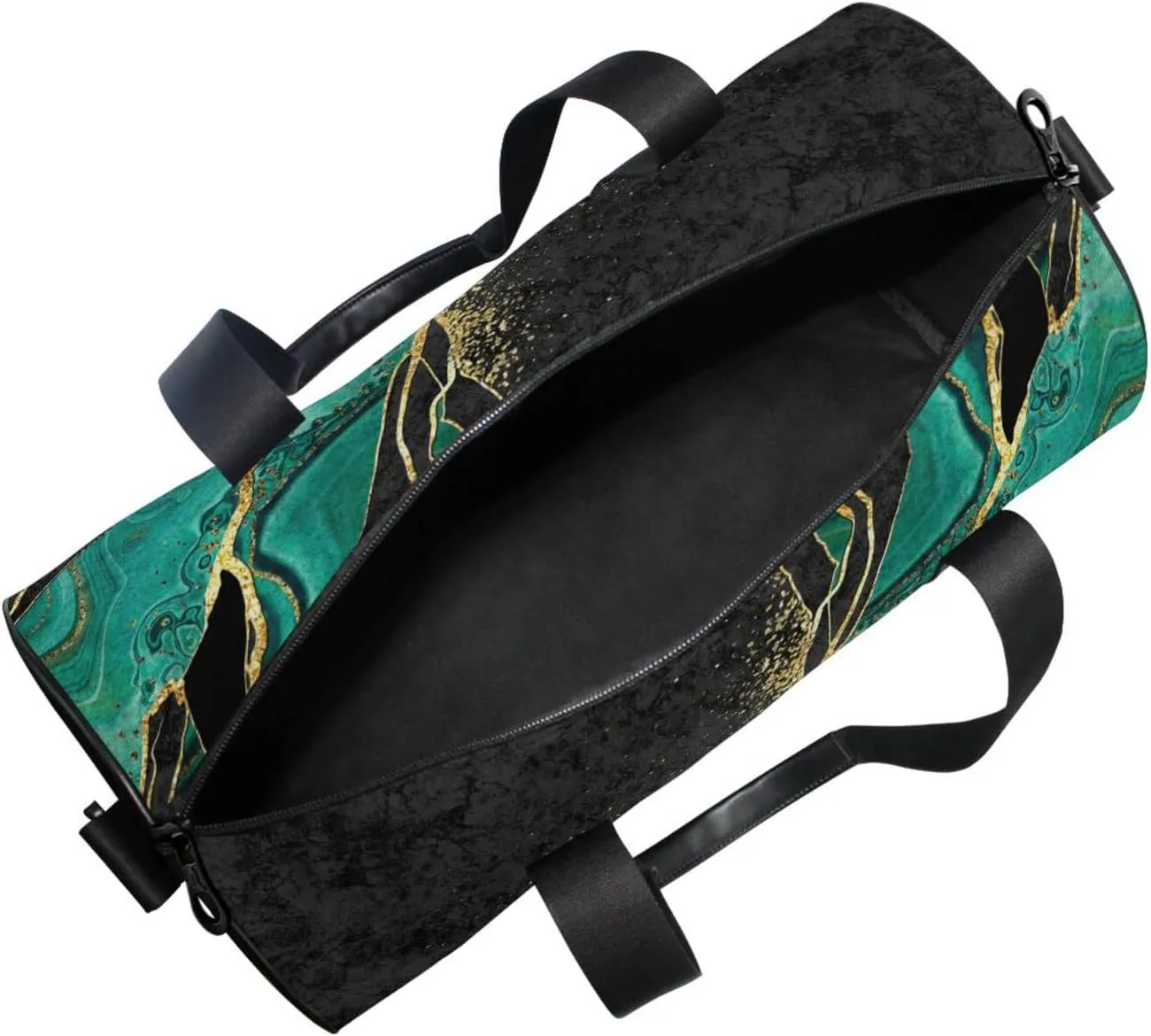Black Teal Marble Green Malachite with Golden Veins Gold Spots Duffel Bag, Foldable Canvas Travel Tote for Gym Sports with Inner Pockets, Durable Lightweight Fitness Bag for Overnight Workout