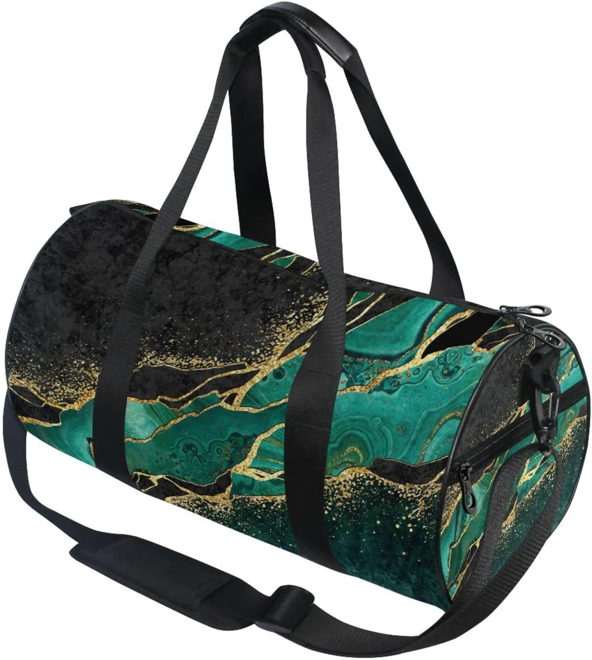 Black Teal Marble Green Malachite with Golden Veins Gold Spots Duffel Bag, Foldable Canvas Travel Tote for Gym Sports with Inner Pockets, Durable Lightweight Fitness Bag for Overnight Workout