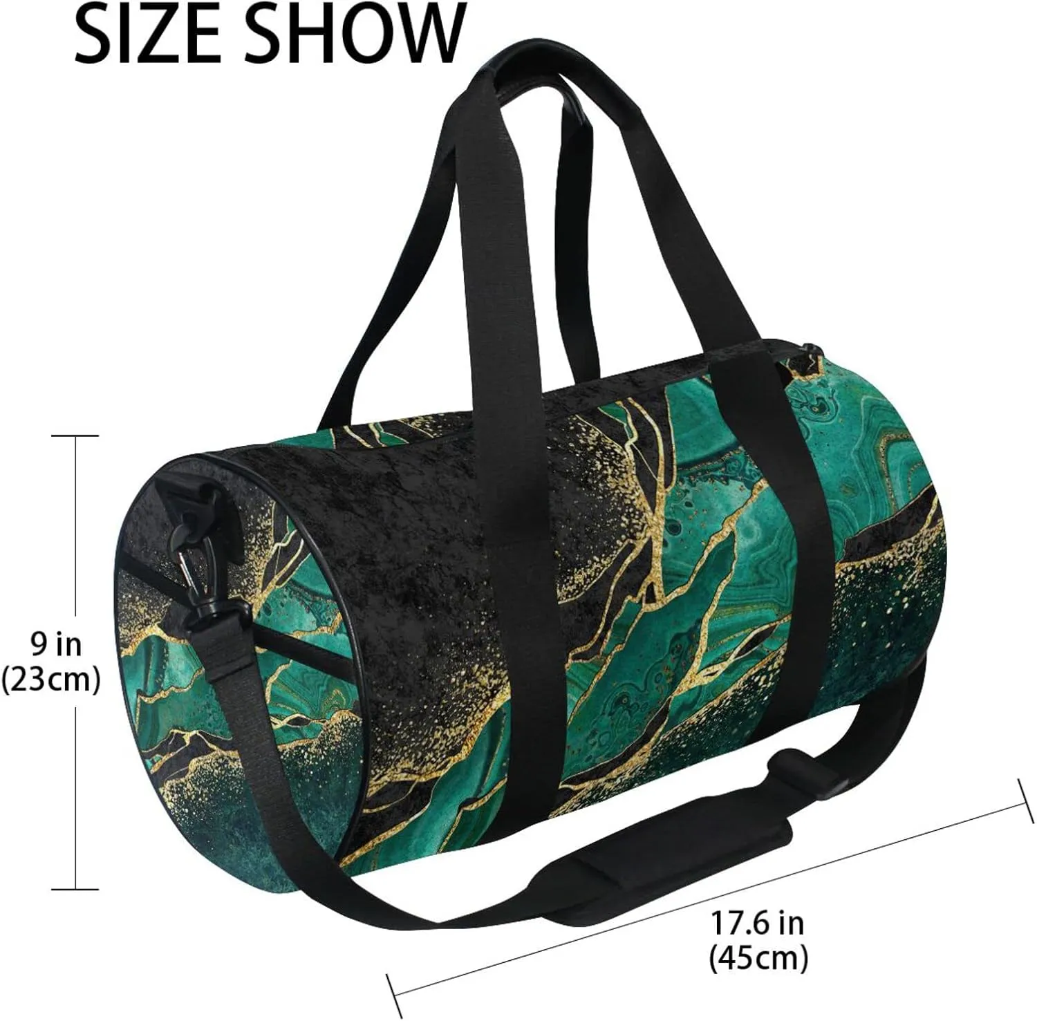 Black Teal Marble Green Malachite with Golden Veins Gold Spots Duffel Bag, Foldable Canvas Travel Tote for Gym Sports with Inner Pockets, Durable Lightweight Fitness Bag for Overnight Workout