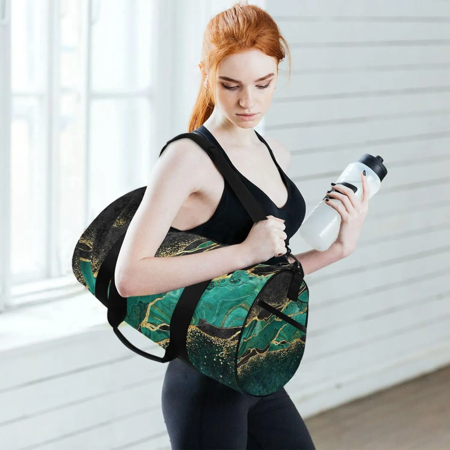 Black Teal Marble Green Malachite with Golden Veins Gold Spots Duffel Bag, Foldable Canvas Travel Tote for Gym Sports with Inner Pockets, Durable Lightweight Fitness Bag for Overnight Workout