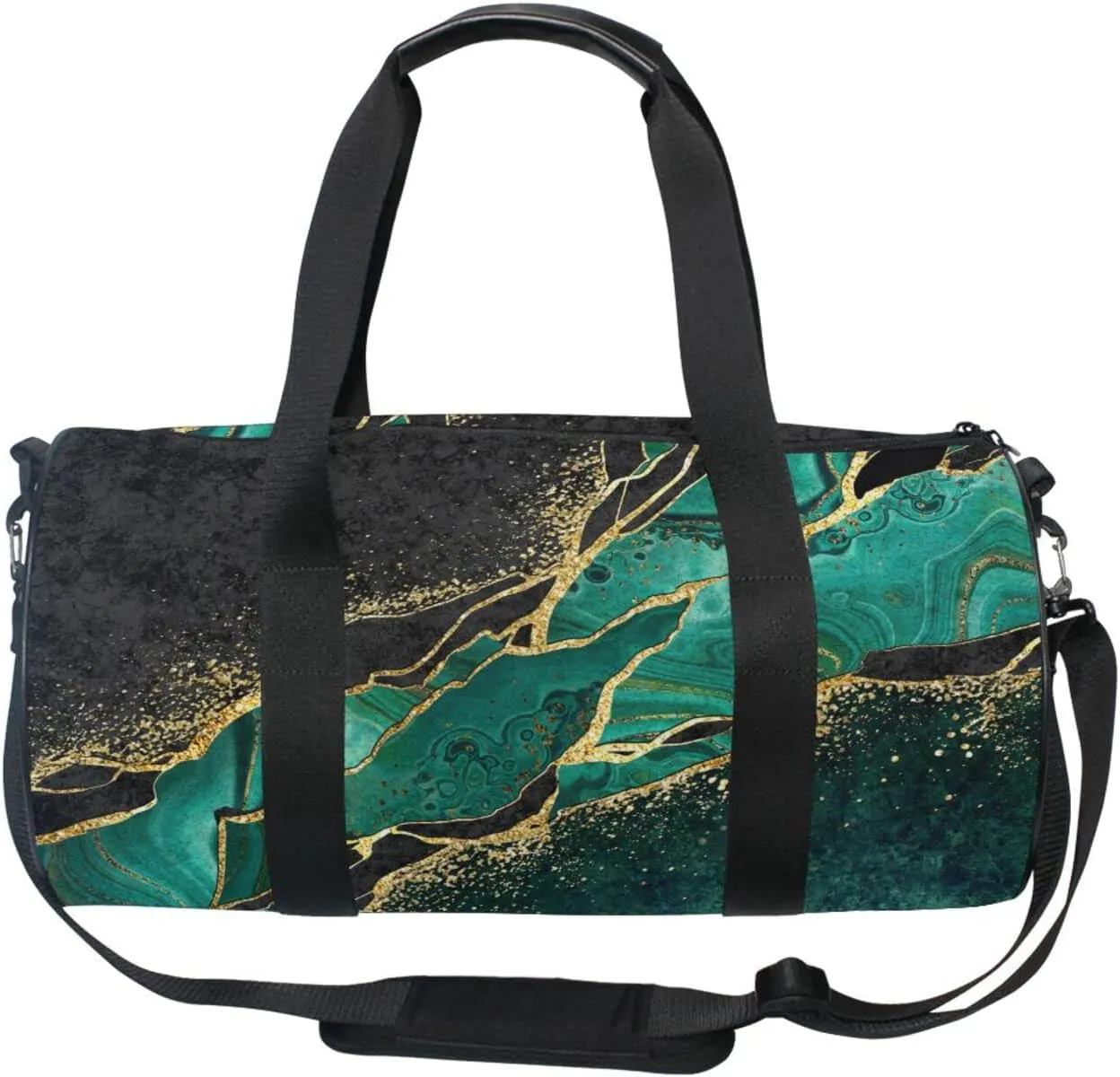 Black Teal Marble Green Malachite with Golden Veins Gold Spots Duffel Bag, Foldable Canvas Travel Tote for Gym Sports with Inner Pockets, Durable Lightweight Fitness Bag for Overnight Workout