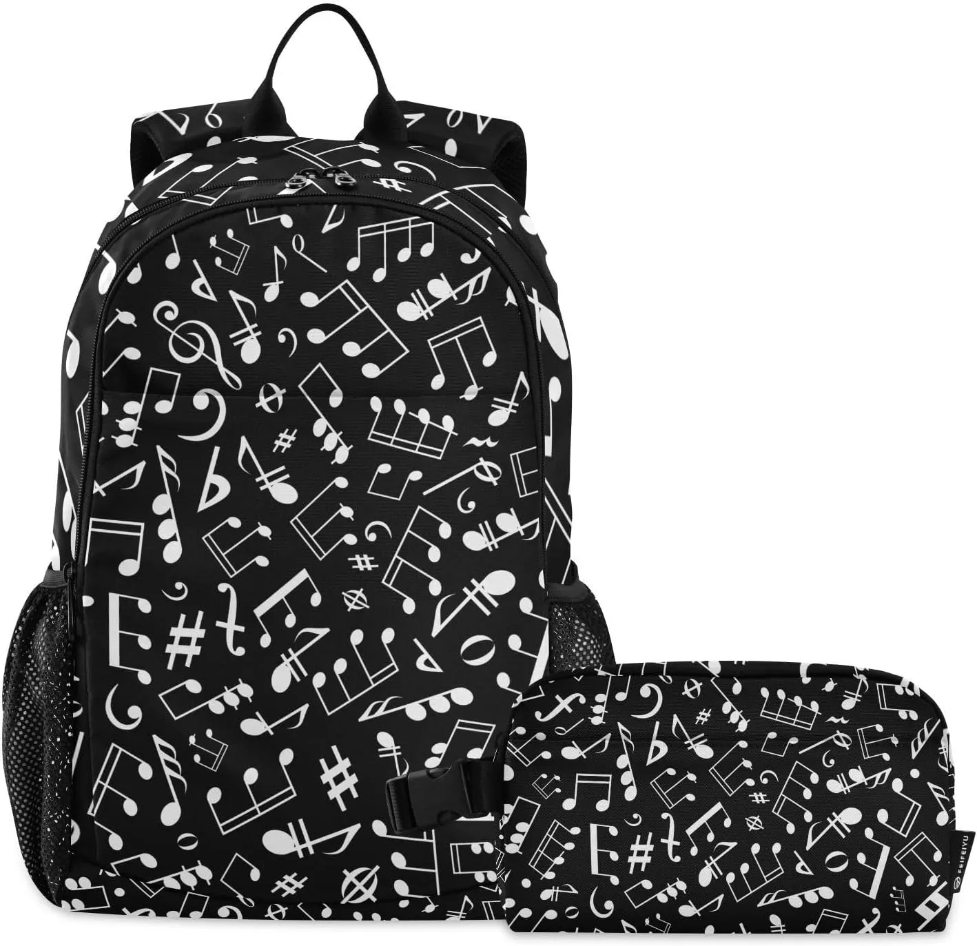 Black-white-musical-notation-pattern Kids Backpack Set for Girls Boys Elementary Middle School Bag with Lunch Box