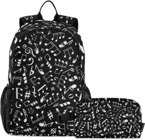 Black-white-musical-notation-pattern Kids Backpack Set for Girls Boys Elementary Middle School Bag with Lunch Box