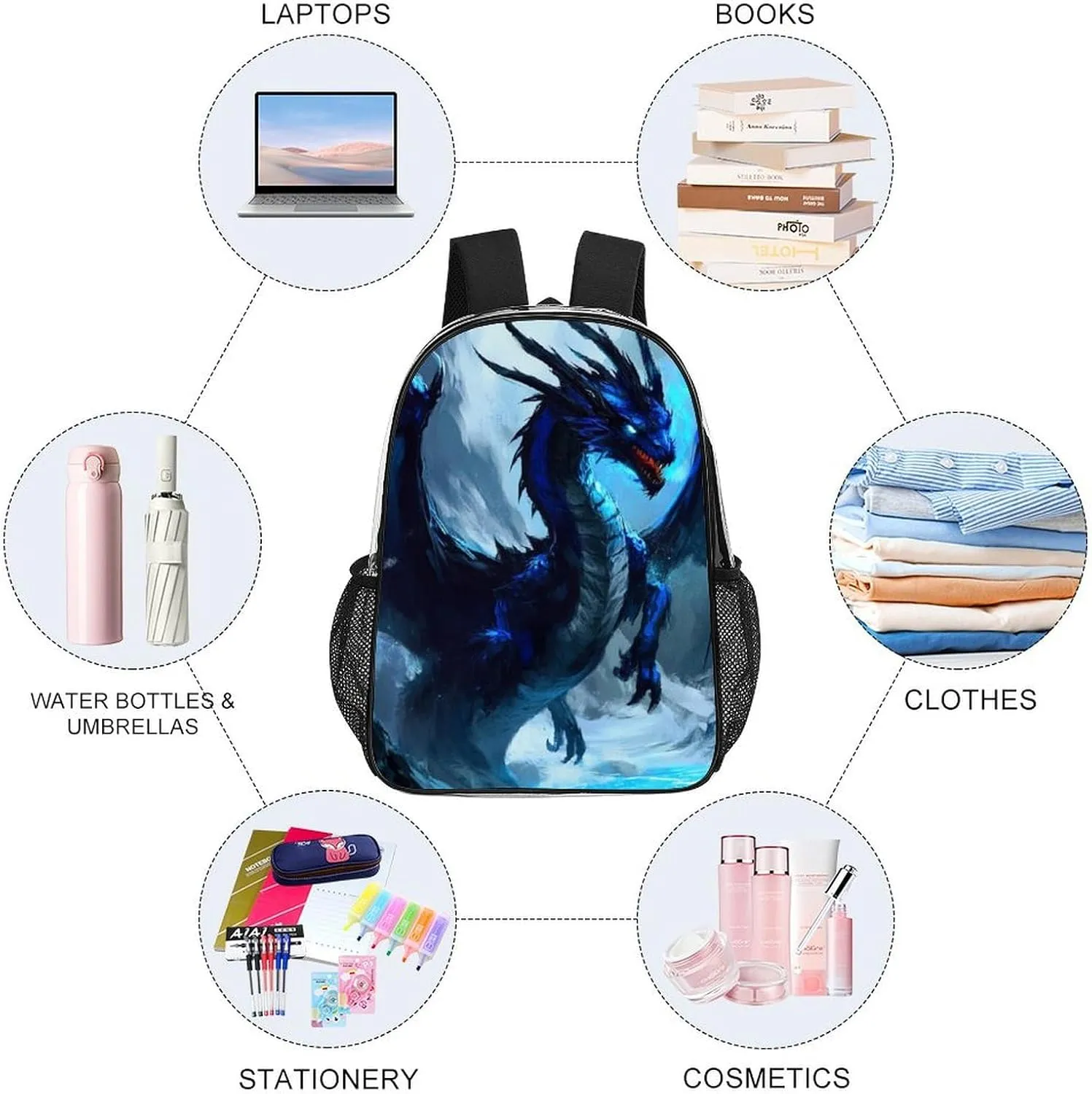 Blue Dragon Cool Painting Rucksacks Lightweight Multipurpose Transparent Shoulder Bag Big Capacity Traveling & Camping Backpack With Side Pockets