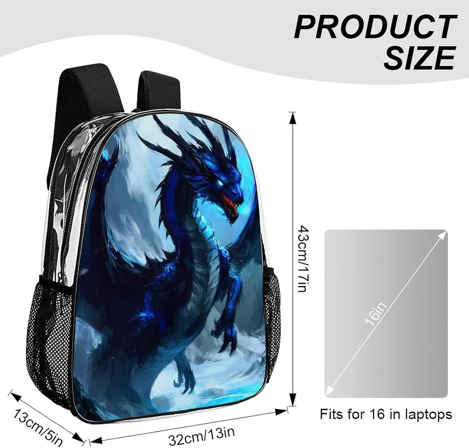 Blue Dragon Cool Painting Rucksacks Lightweight Multipurpose Transparent Shoulder Bag Big Capacity Traveling & Camping Backpack With Side Pockets