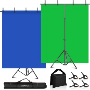 Blue Green Screen Backdrop with Stand Kit, 6.5 X 6.5Ft T-Shaped Adjustable Photo Backdrop Stand 2-in-1 Reversible Blue Greenscreen Background, 4 Clamps, Sandbag