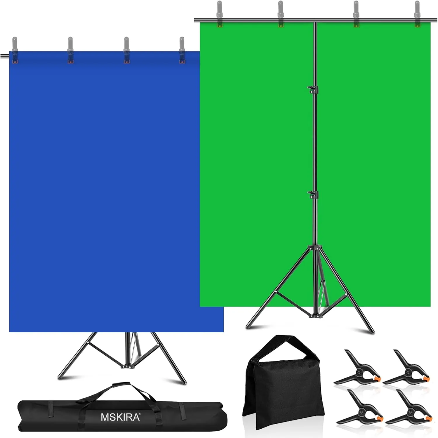Blue Green Screen Backdrop with Stand Kit, 6.5 X 6.5Ft T-Shaped Adjustable Photo Backdrop Stand 2-in-1 Reversible Blue Greenscreen Background, 4 Clamps, Sandbag