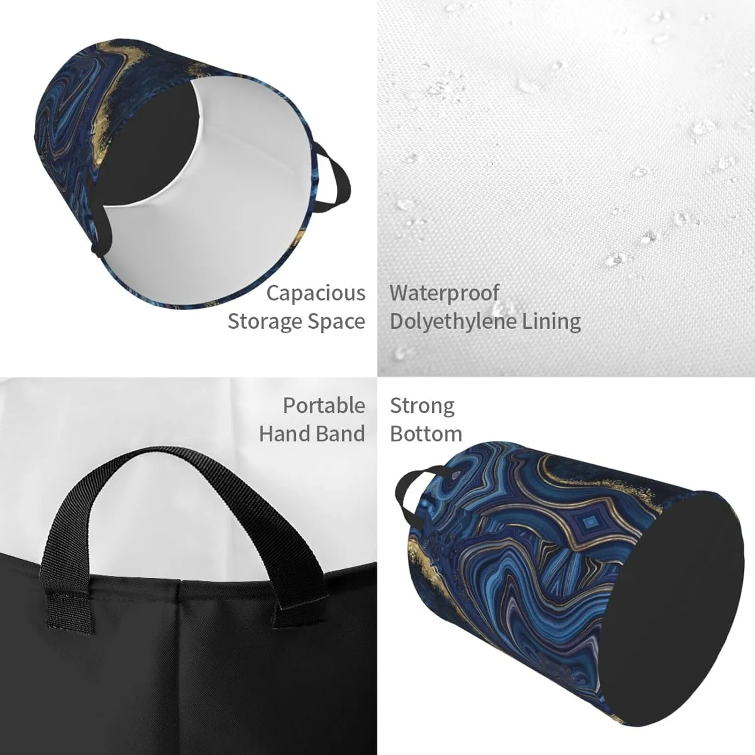Blue Marble Print Laundry Hamper Bag With Waterproof Liner - Round Laundry Basket Foldable Clothes Storage Organizer For Bathroom Bedroom Nursery Dorm, M-19.6"X 15.7"
