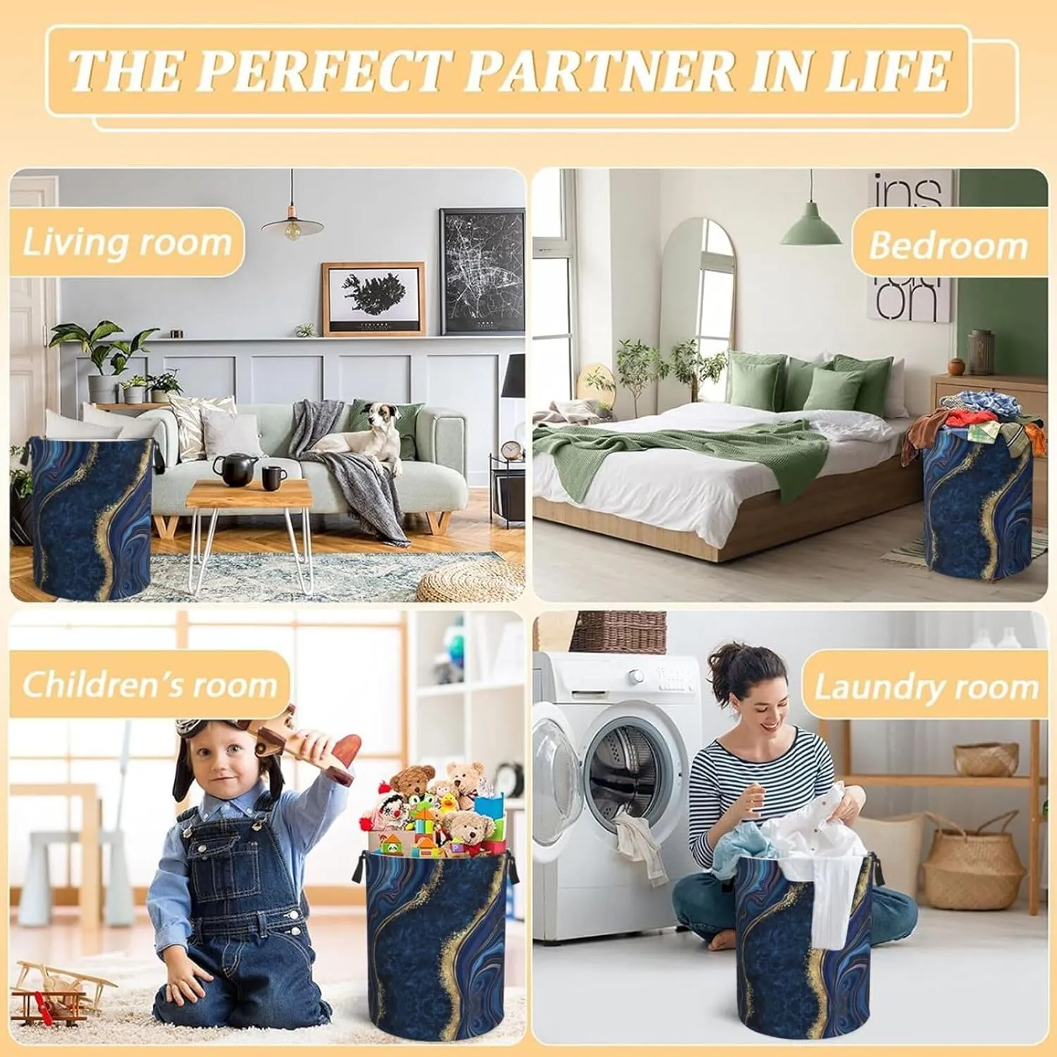 Blue Marble Print Laundry Hamper Bag With Waterproof Liner - Round Laundry Basket Foldable Clothes Storage Organizer For Bathroom Bedroom Nursery Dorm, M-19.6"X 15.7"