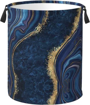 Blue Marble Print Laundry Hamper Bag With Waterproof Liner - Round Laundry Basket Foldable Clothes Storage Organizer For Bathroom Bedroom Nursery Dorm, M-19.6"X 15.7"