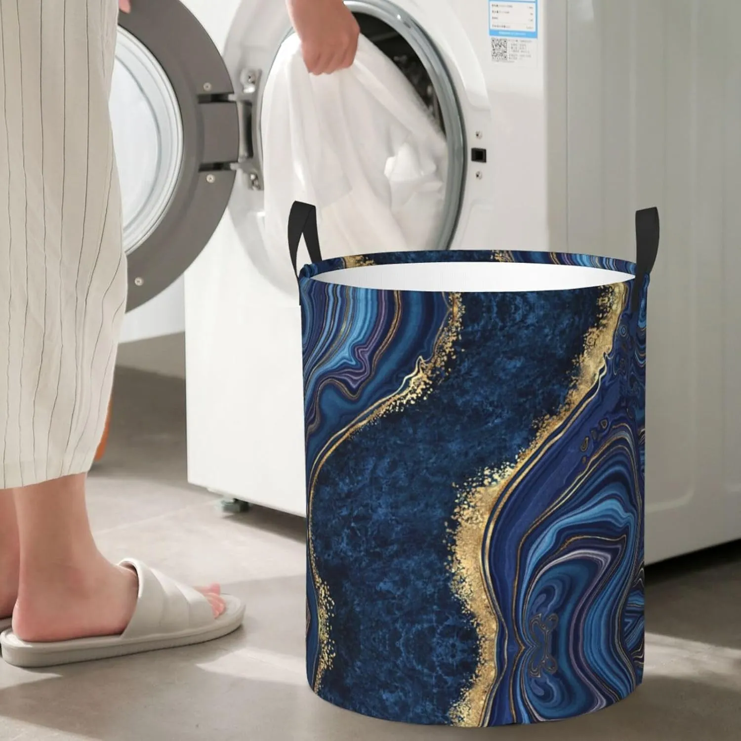 Blue Marble Print Laundry Hamper Bag With Waterproof Liner - Round Laundry Basket Foldable Clothes Storage Organizer For Bathroom Bedroom Nursery Dorm, M-19.6"X 15.7"