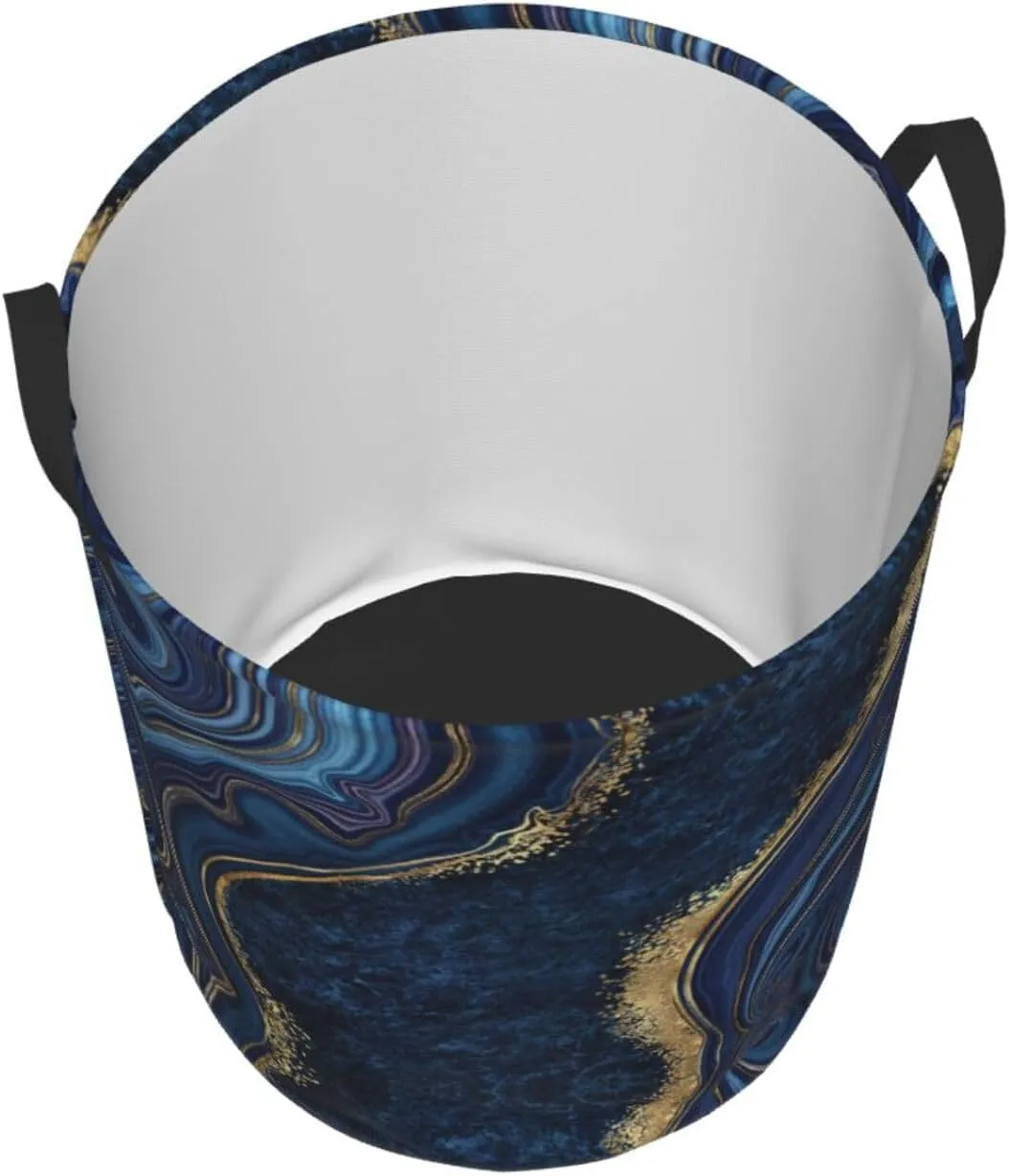 Blue Marble Print Laundry Hamper Bag With Waterproof Liner - Round Laundry Basket Foldable Clothes Storage Organizer For Bathroom Bedroom Nursery Dorm, M-19.6"X 15.7"