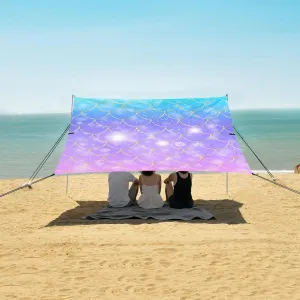 Blue Pink Mermaid Scales Beach Canopy Tent Anti-UV & Wind Resistant, Underwater Camping Sun Shelter Easy Setup Portable,Outdoor Shade Tents with Sandbags,Sand Shovels,Ground Pegs & Stability Pol