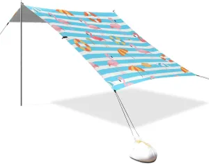 Blue White Striped Summer Flamingo Designed UPF50  Foldable Beach Canopy Easy Setup Sun Shade with Sandbags & Sand Shovel for Backyard and Camping sombrilla para Playa