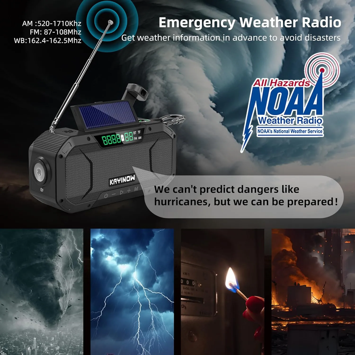 Bluetooth Hand Crank Emergency Radio Solar Power,Portable NOAA Weather AM FM Radio,5000mAh Battery Operated Waterproof Wind Up Radio with Flashlight Cell Phone Charger,SOS,for Camping Storm Survival