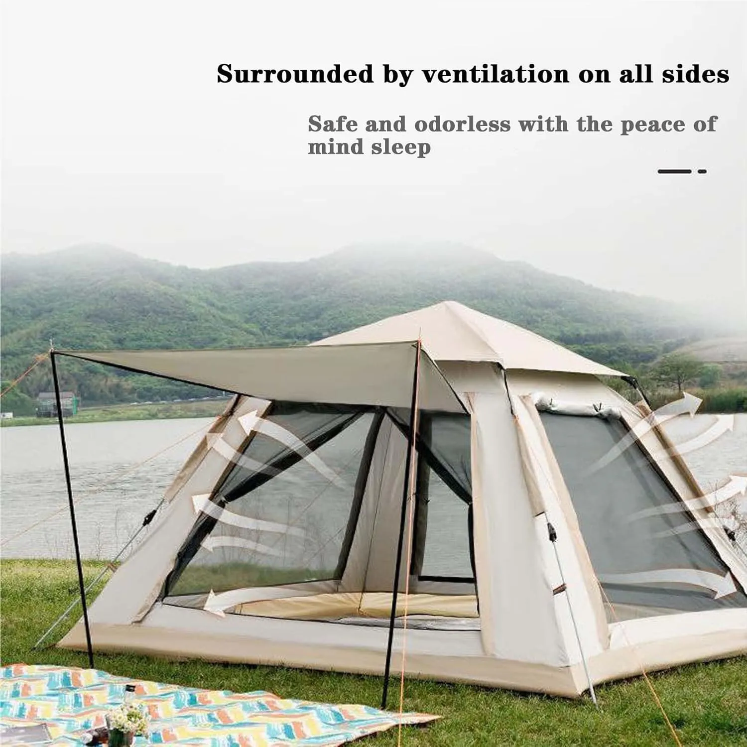 BNEI Family Camping Tent, can accommodate 3~8 People, 360 Degree Ventilation, 3 Seconds Extremely Fast Installation, Sun/Rainproof, Suitable for Hiking and Camping, Blue/Grey