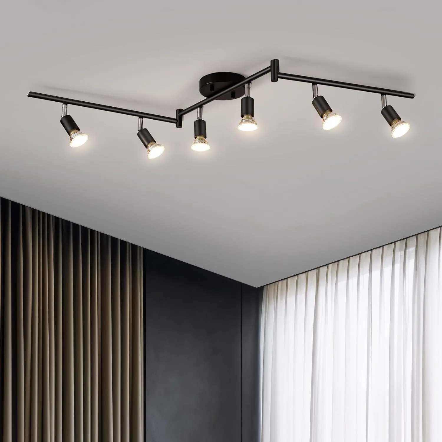 Bojim 6 Light LED Track Lighting Kit, Ceiling Spot Lighting with Adjustable Light Heads & Foldable Light Arms, Matte Black Kitchen Track Lighting (GU10 Socket, Bulbs Not Included)