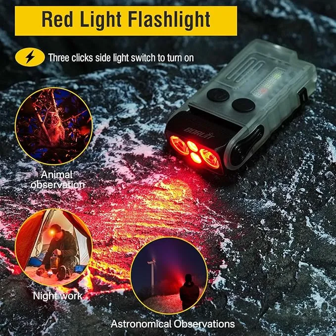BORUIT V20 Small Powerful Flashlight 1000LM with Red Blue Warm Light, 180° Head Swivels 110dB Buzzer - Mini Keychain Pocket Rechargeable LED Flashlights USB EDC Clip Flash Light