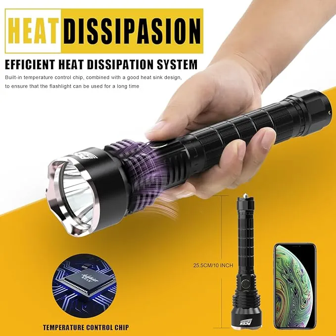 Brightest Rechargeable Flashlights High Lumens - PFSN 6000LM Super Bright Tactical Flashlight IPX65 Waterproof, 400M Long Range, 20Hrs Long Lasting Best Powerful LED Torch Battery Powered Flash Light