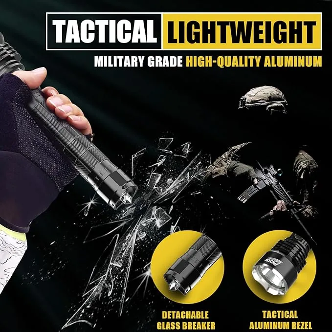 Brightest Rechargeable Flashlights High Lumens - PFSN 6000LM Super Bright Tactical Flashlight IPX65 Waterproof, 400M Long Range, 20Hrs Long Lasting Best Powerful LED Torch Battery Powered Flash Light
