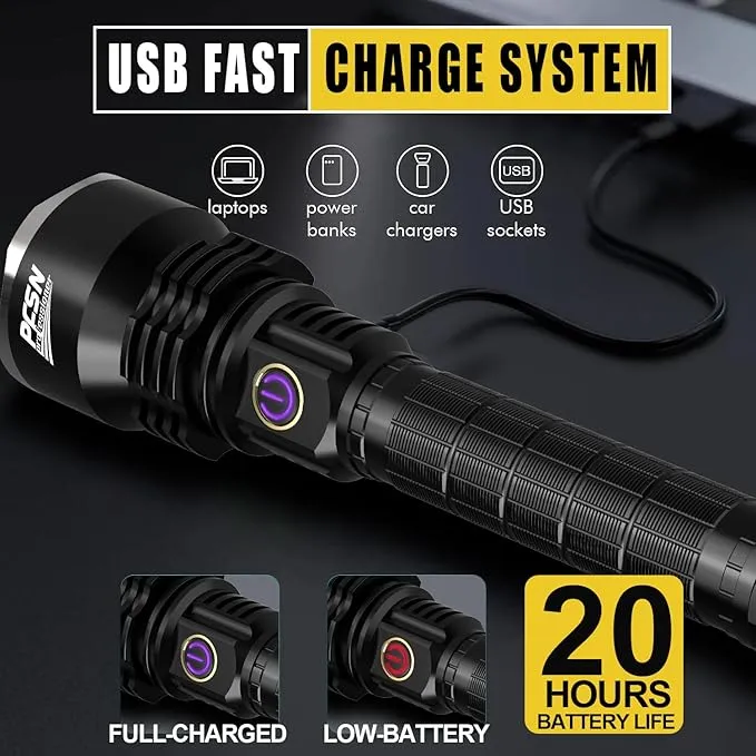 Brightest Rechargeable Flashlights High Lumens - PFSN 6000LM Super Bright Tactical Flashlight IPX65 Waterproof, 400M Long Throw, 20Hrs Lasting, Best Powerful LED Flash Light for Camping Hiking Hunting