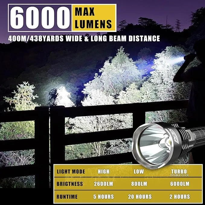Brightest Rechargeable Flashlights High Lumens - PFSN 6000LM Super Bright Tactical Flashlight IPX65 Waterproof, 400M Long Throw, 20Hrs Lasting, Best Powerful LED Flash Light for Camping Hiking Hunting