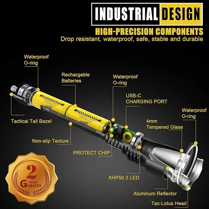 Brightest Rechargeable Flashlights High Lumens - PFSN 6000LM Super Bright Tactical Flashlight IPX65 Waterproof, 400M Long Throw, 20Hrs Lasting, Best Powerful LED Flash Light for Camping Hiking Hunting