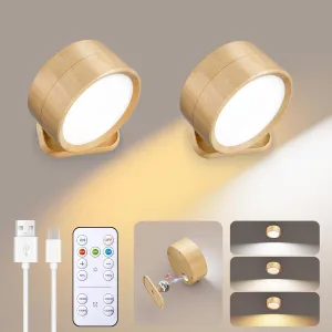 Brightown LED Magnetic Wall Sconce Lights, 2 Pack USB Rechargeable Wall Mounted Lights with Remote, 3 Lighting Colors and Dimmable, 360° Rotation Cordless Wall Mount Lamp for Bedroom, Wood