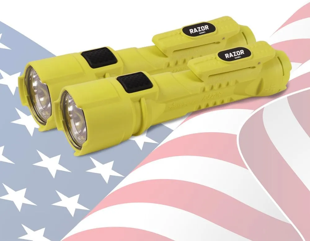 BrightStar Razor Hands-Free Magnetic LED Flashlight 2-Pack Bundle | 3AA-Cell Alkaline Battery-Powered | 24 Low Power Hour Runtime | Yellow, Work, Home, Auto, Emergency