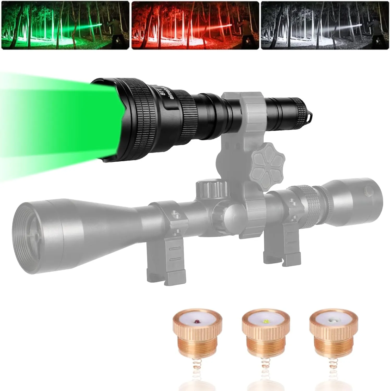 Brinyte T18 Red Green White Zoomable LED Hunting Light, IPX6 Waterproof Long Range Predator Tactical Flashlight for Hog Coyote Coon Varmint Hunting