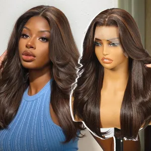 Brown Highlight Synthetic Lace Front Wig,13X6 HD Long Straight Glueless Wig for Women Daily Use 20IN（4/30）