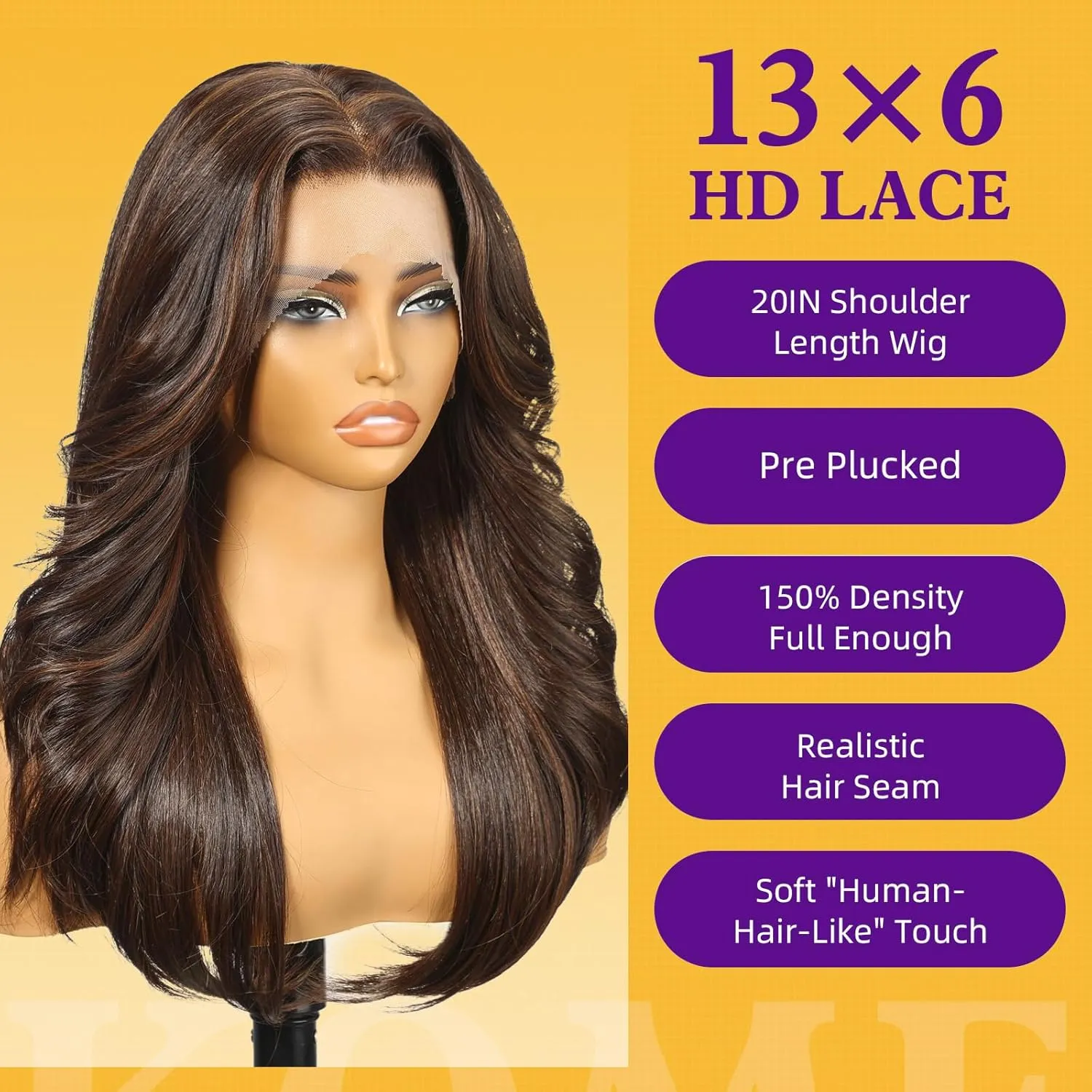 Brown Highlight Synthetic Lace Front Wig,13X6 HD Long Straight Glueless Wig for Women Daily Use 20IN（4/30）